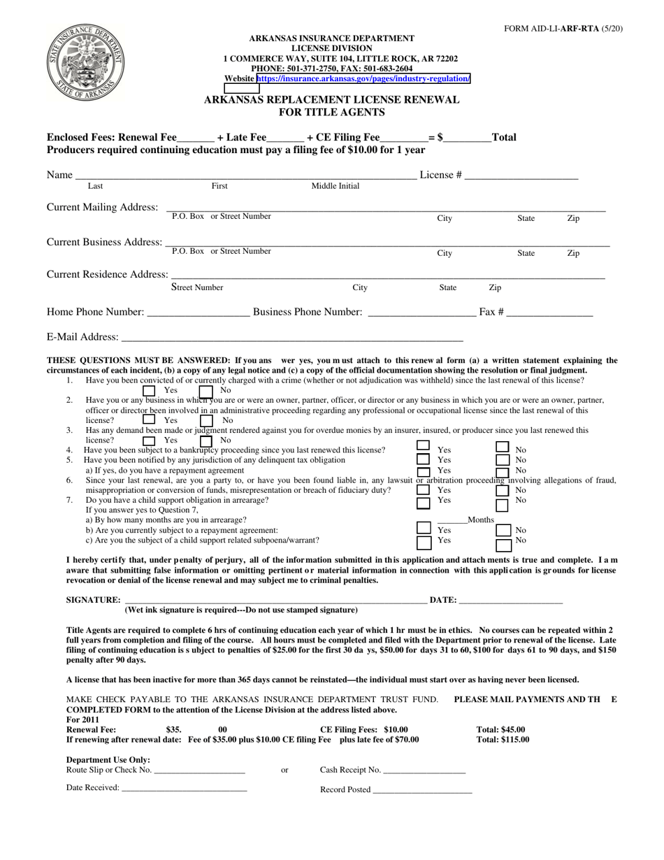 Form AID-LI-ARF-RTA Arkansas Replacement License Renewal for Title Agents - Arkansas, Page 1