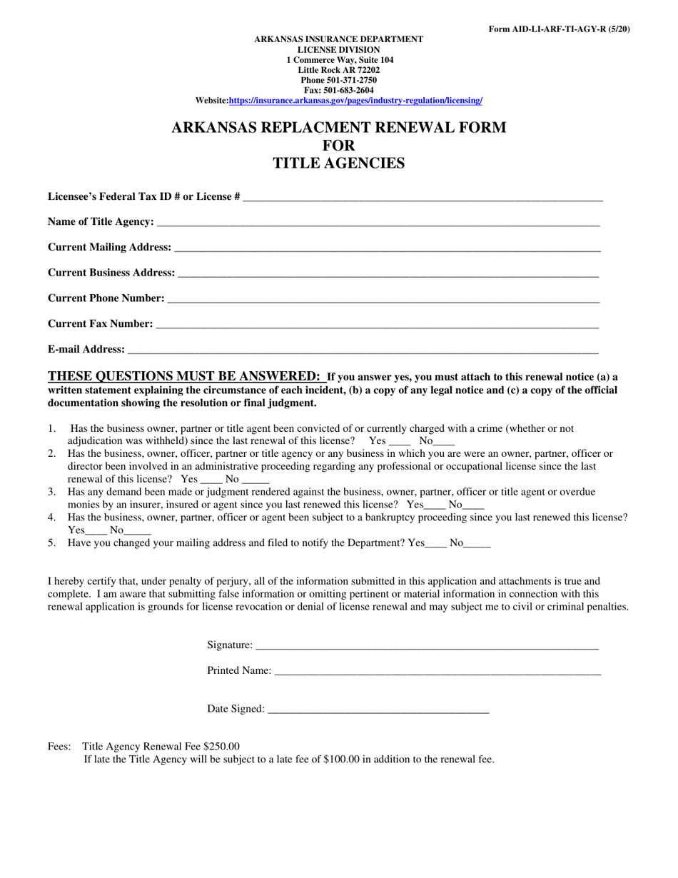 Form AID-LI-ARF-TI-AGY-R Arkansas Replacement Renewal Form for Title Agencies - Arkansas, Page 1