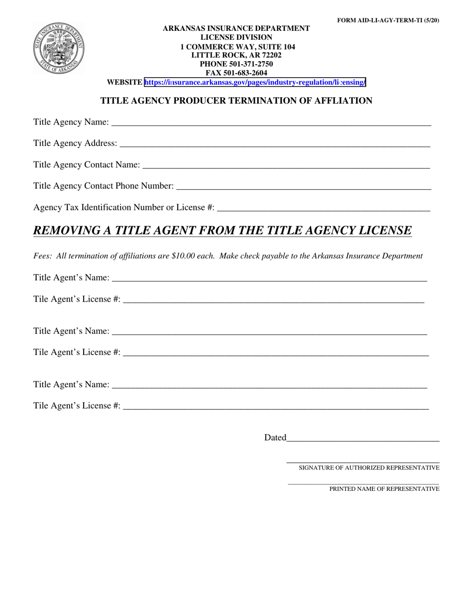 Form AID-LI-AGY-TERM-TI Title Agency Producer Termination of Affliation - Arkansas, Page 1