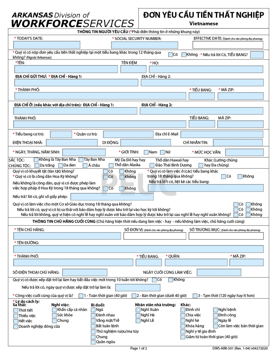 Form DWS-ARK-501 Application for Unemployment Insurance Benefits - Arkansas (Vietnamese), Page 1