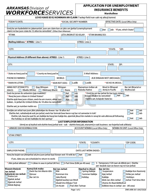 Form DWS-ARK-501 Application for Unemployment Insurance Benefits - Arkansas (Marshallese)