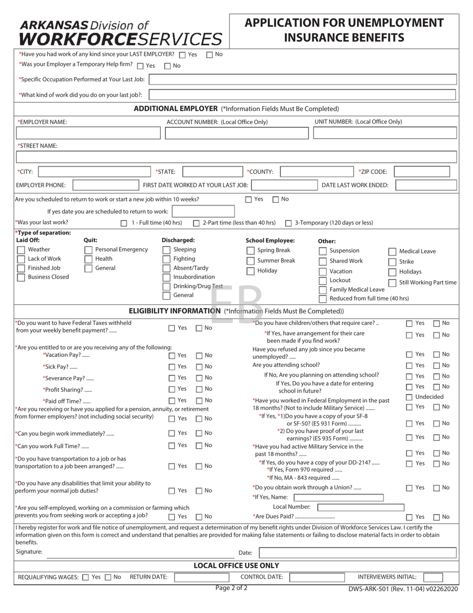 Form DWS-ARK-501 Application for Unemployment Insurance Benefits - Arkansas, Page 2