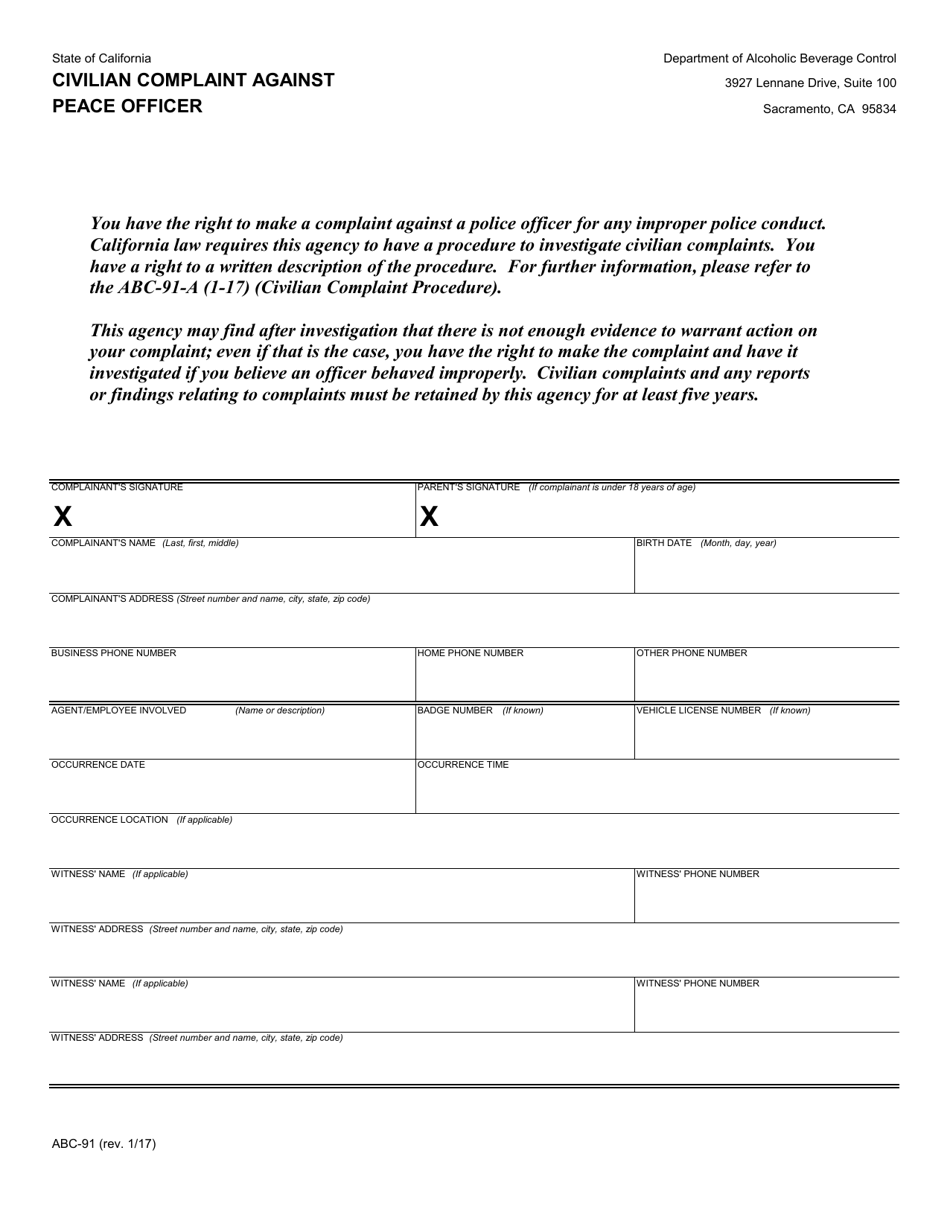 Form ABC-91 Civilian Complaint Against a Peace Officer - California, Page 1