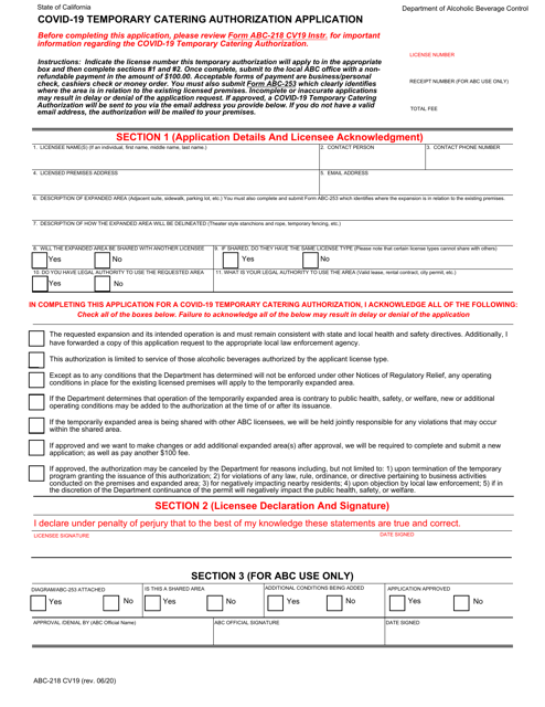 Form ABC-218 CV19 Covid-19 Temporary Catering Authorization Application - California