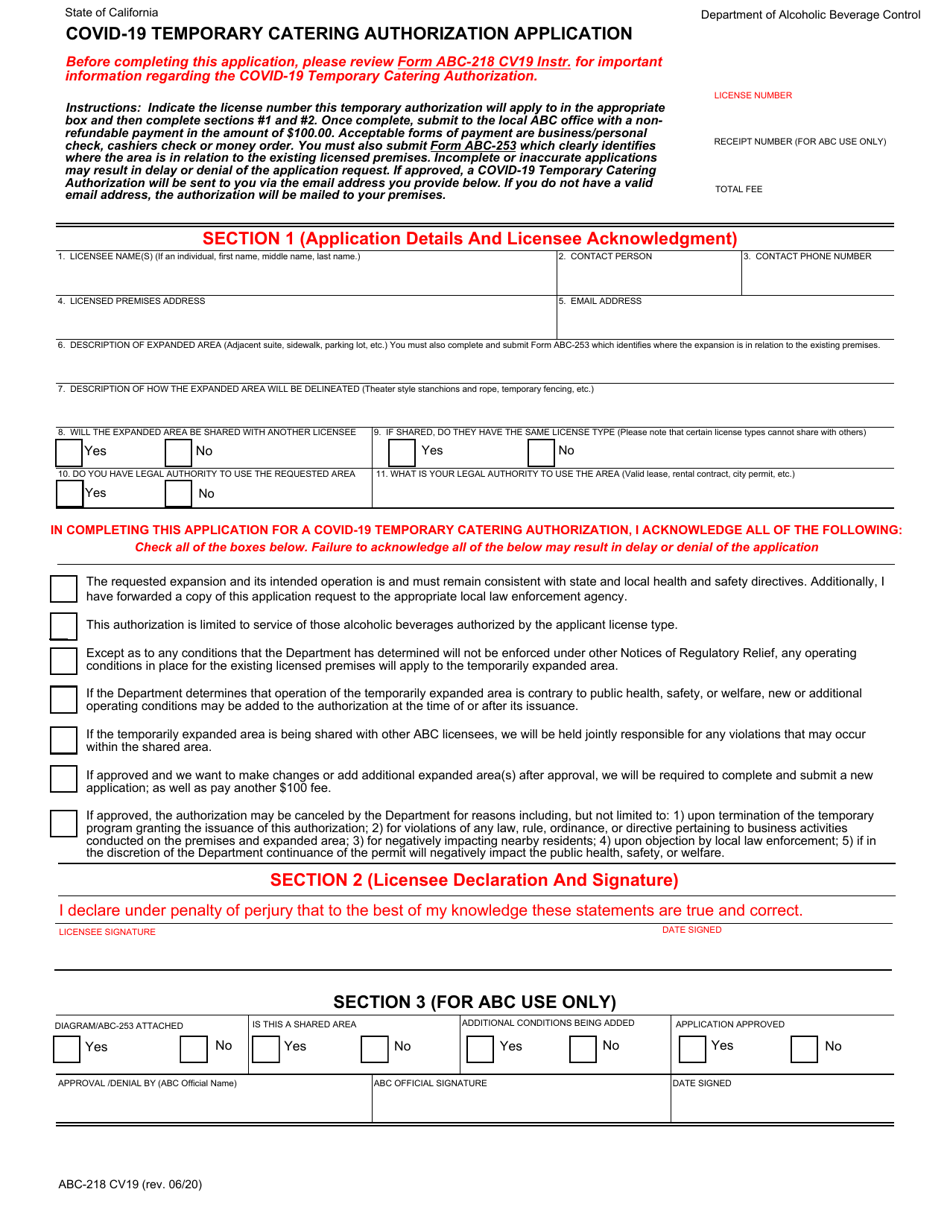 Form ABC-218 CV19 Covid-19 Temporary Catering Authorization Application - California, Page 1