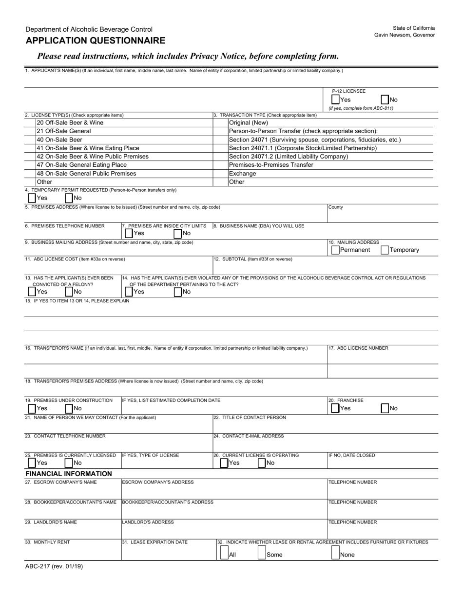 Form ABC-217 Application Questionnaire - California, Page 1