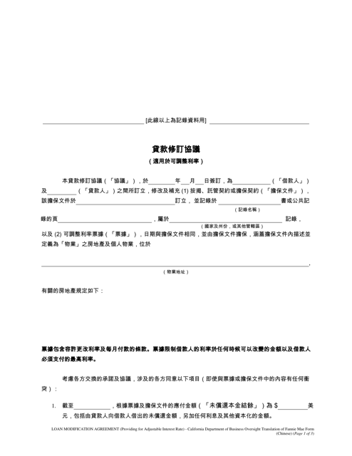 Form DFPI-CRMLA8019 Loan Modification Agreement (Providing for Adjustable Interest Rate) - California (Chinese)