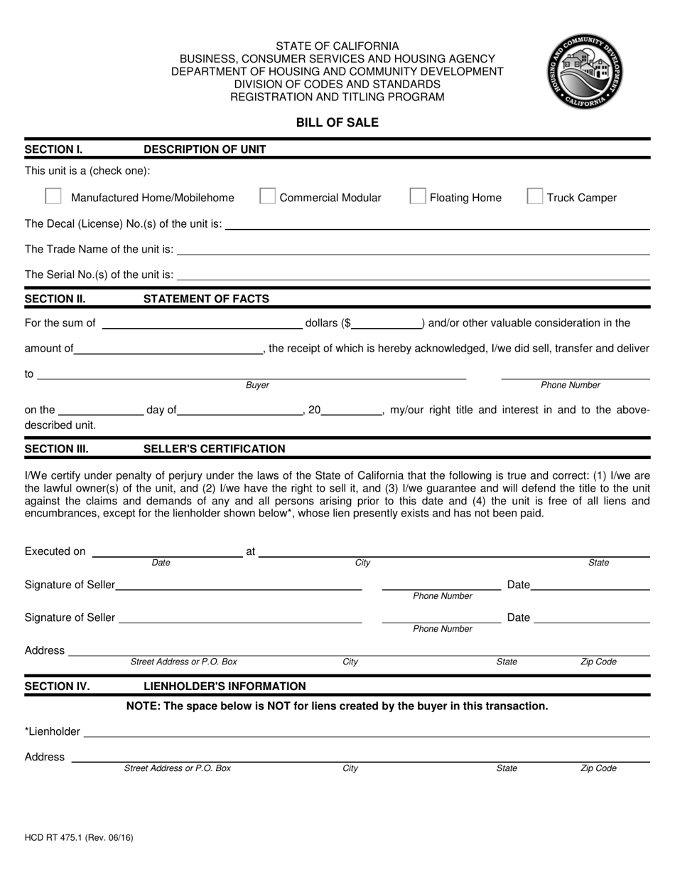 Form HCD RT475.1 Bill of Sale - California, Page 1