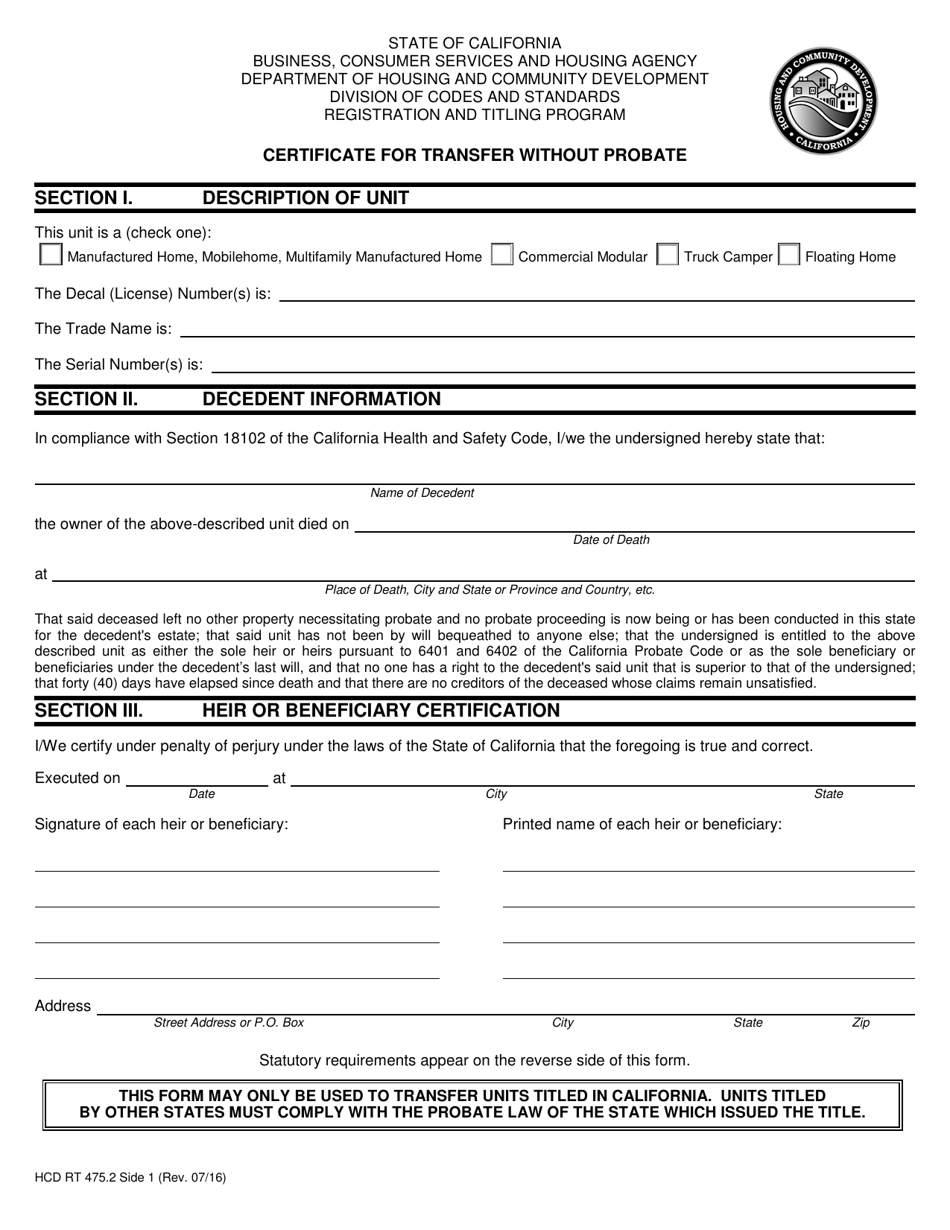 Form HCD RT475.2 Certificate for Transfer Without Probate - California, Page 1