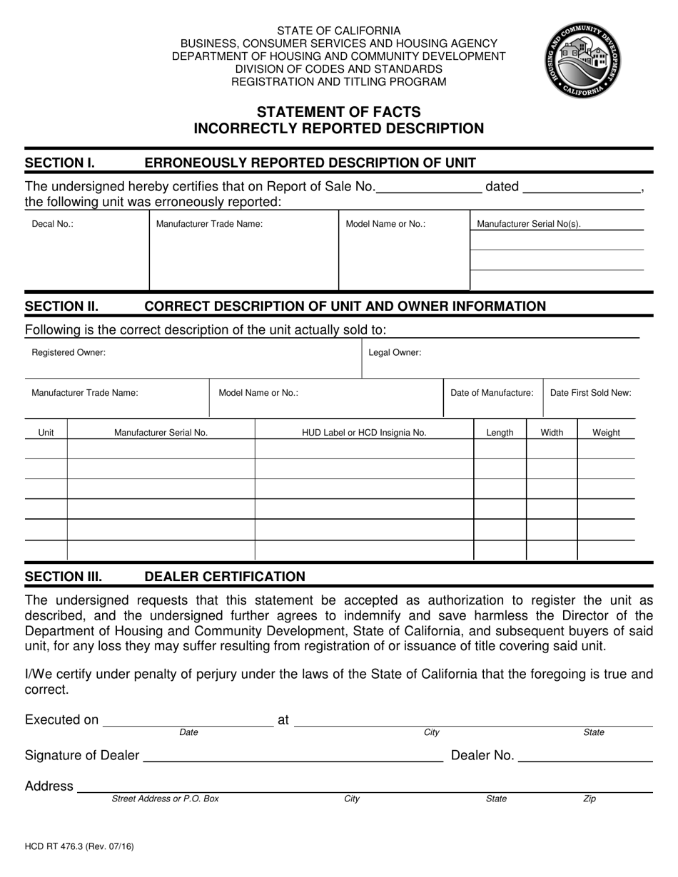 Form HCD RT476.3 Statement of Facts - Incorrectly Reported Description - California, Page 1