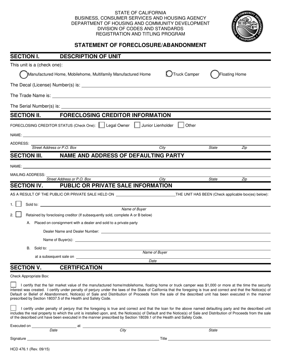 Form HCD476.1 Fill Out, Sign Online and Download Fillable PDF