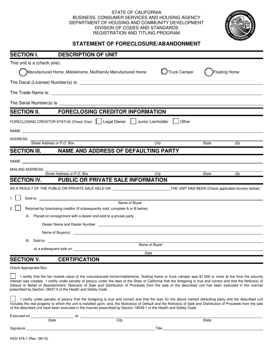 Form HCD476.1 Statement of Foreclosure / Abandonment - California, Page 1