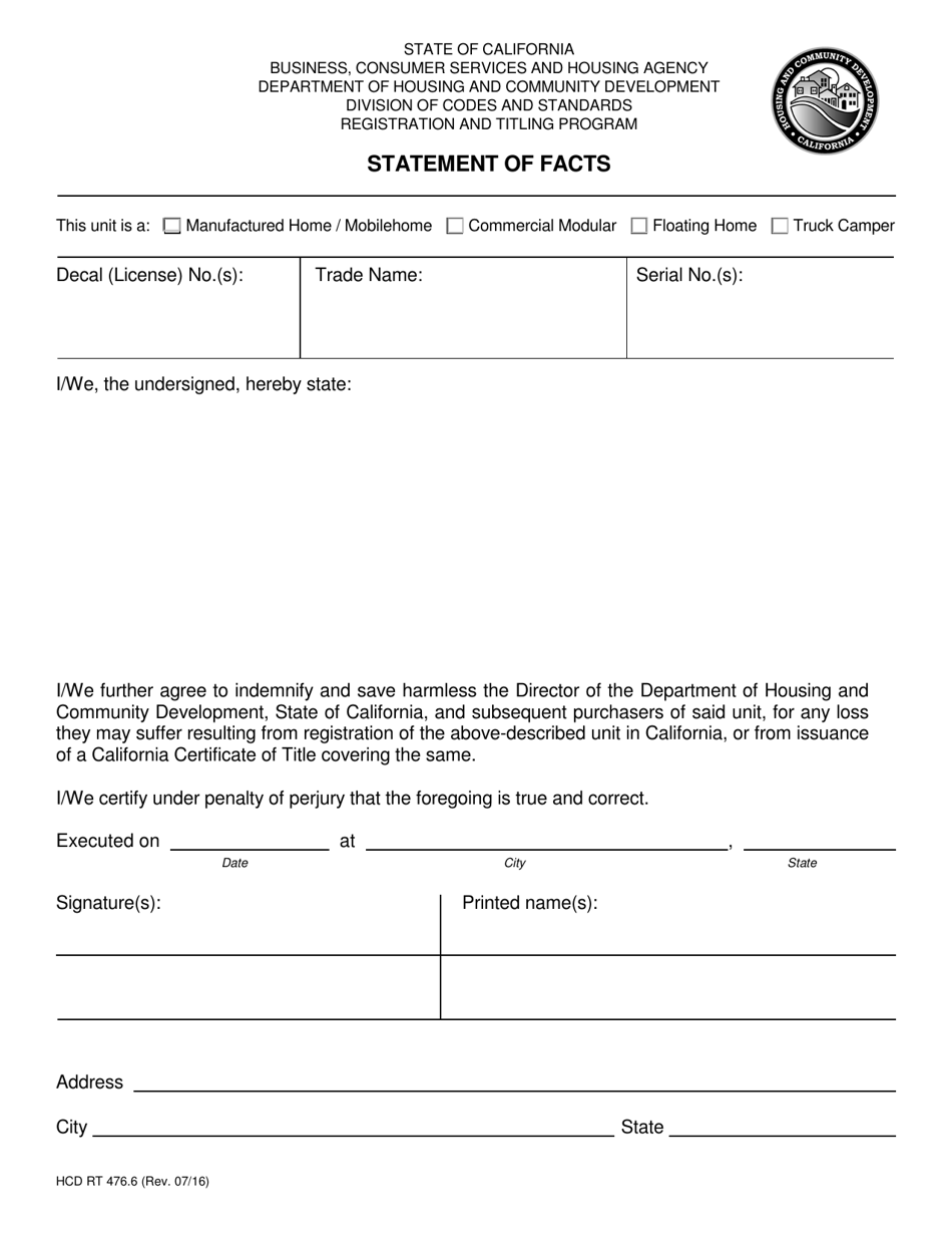Form HCD RT476.6 Statement of Facts - California, Page 1