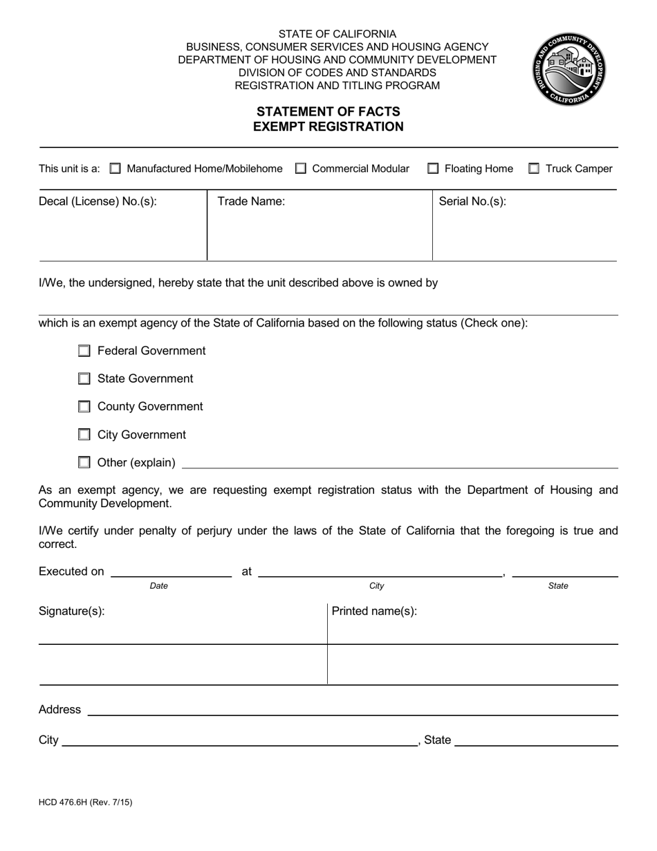 Form HCD476.6H Statement of Facts - Exempt Registration - California, Page 1
