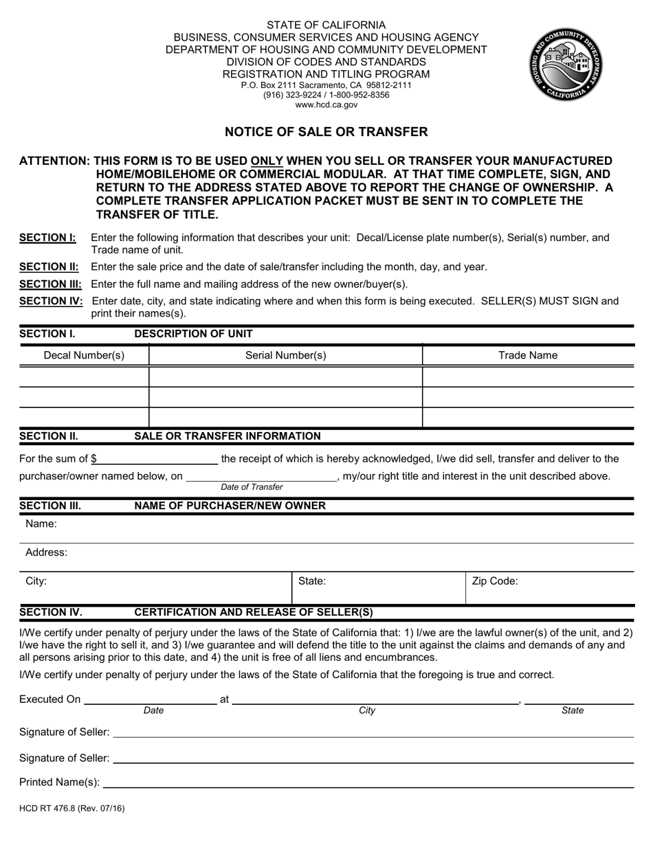 Form HCD RT476.8 Notice of Sale or Transfer - California, Page 1