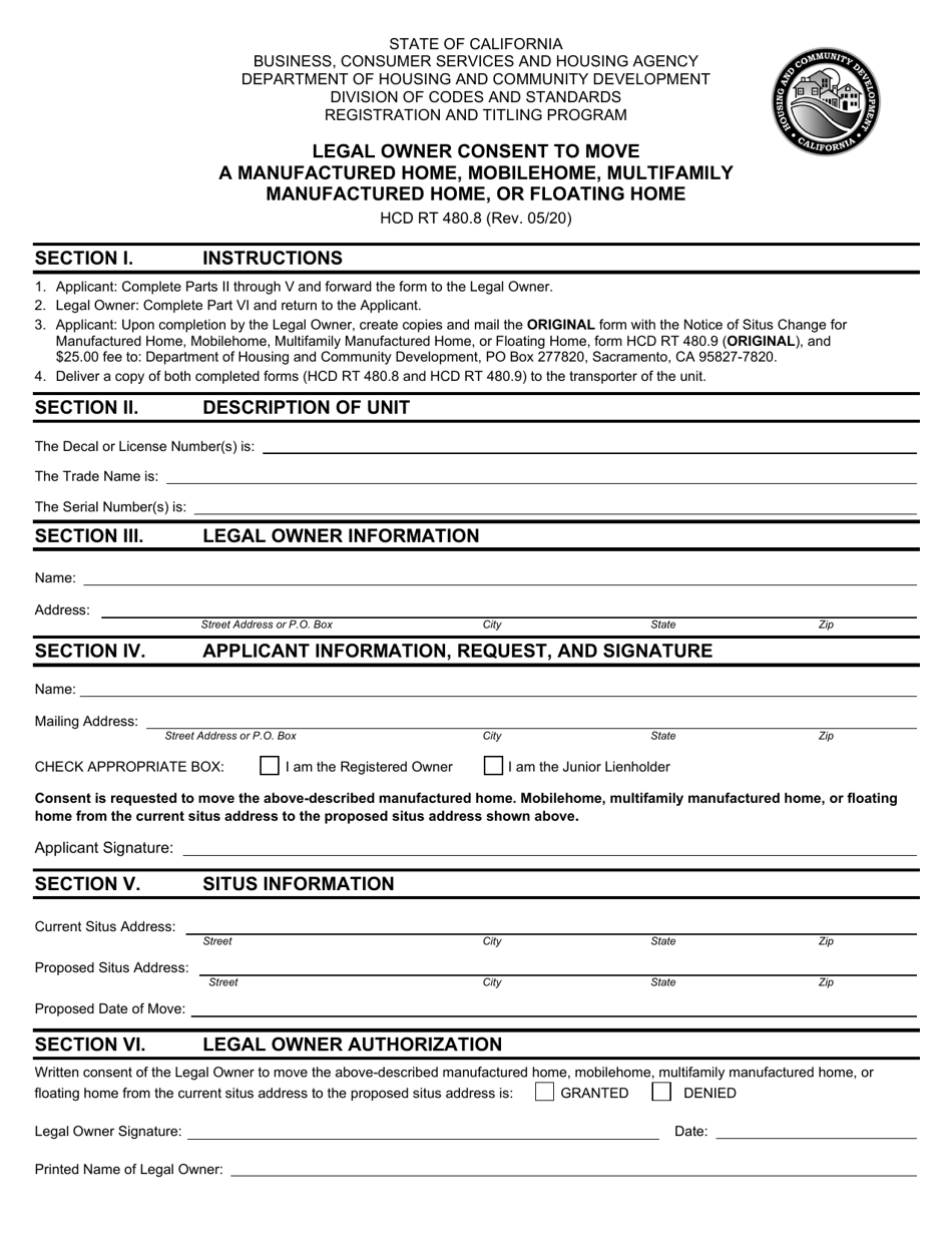 Form HCD RT480.8 Legal Owner Consent to Move a Manufactured Home, Mobilehome, Multifamily Manufactured Home, or Floating Home - California, Page 1