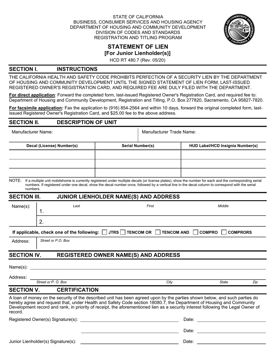 Form HCD RT480.7 Statement of Lien (For Junior Lienholder(S)) - California, Page 1