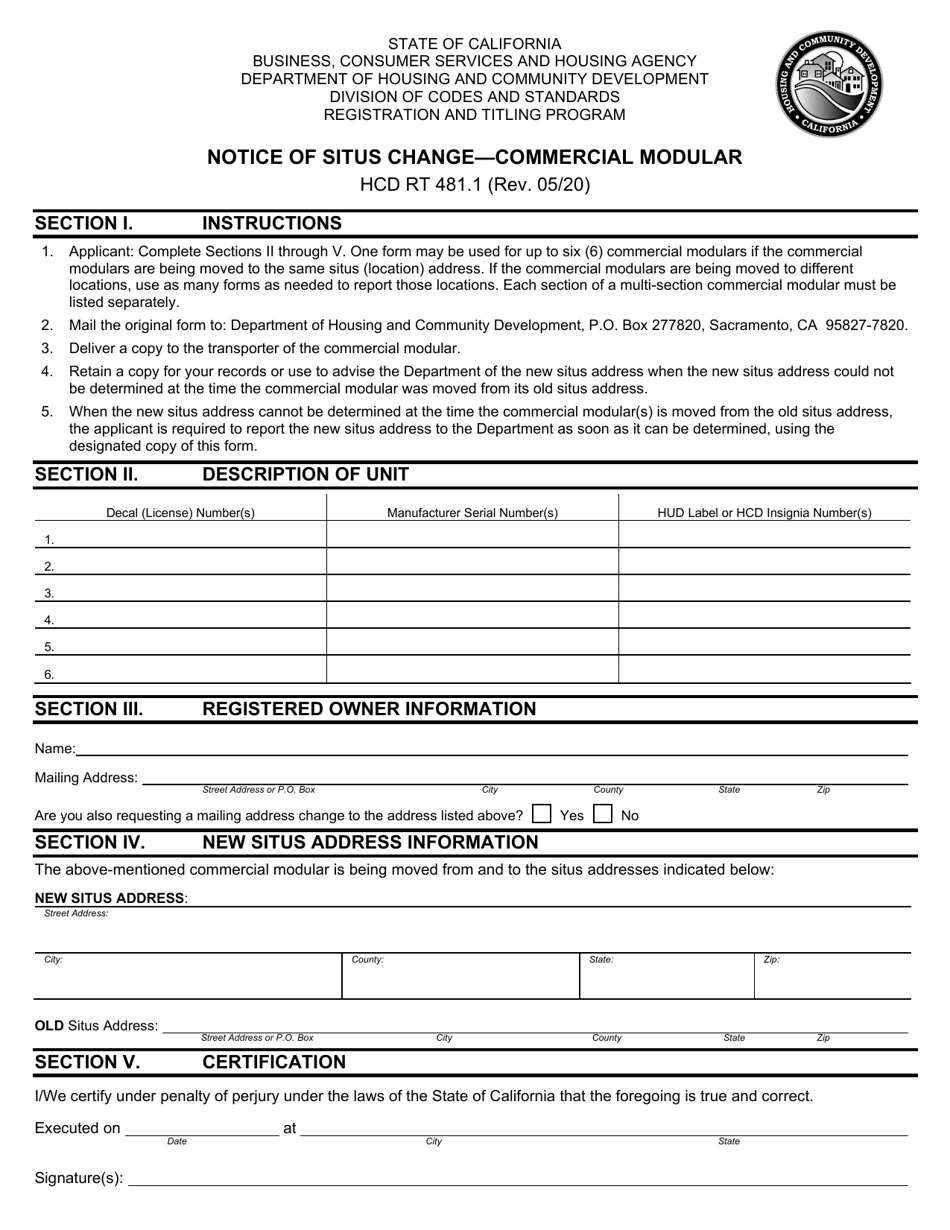 Form HCD RT481.1 Notice of Situs Change - Commercial Modular - California, Page 1
