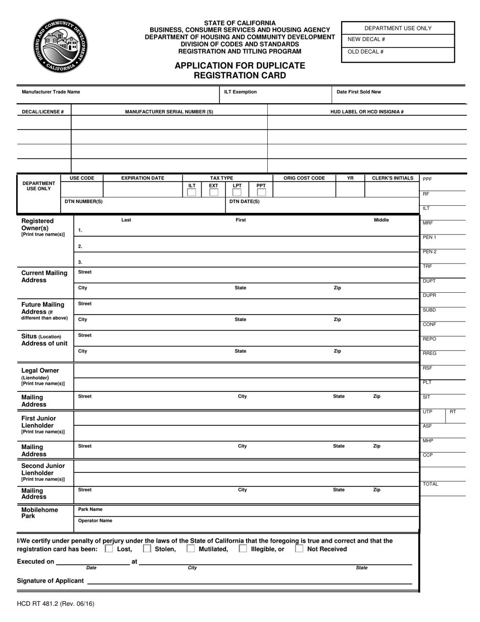 Form HCD RT481.2 Application for Duplicate Registration Card - California, Page 1