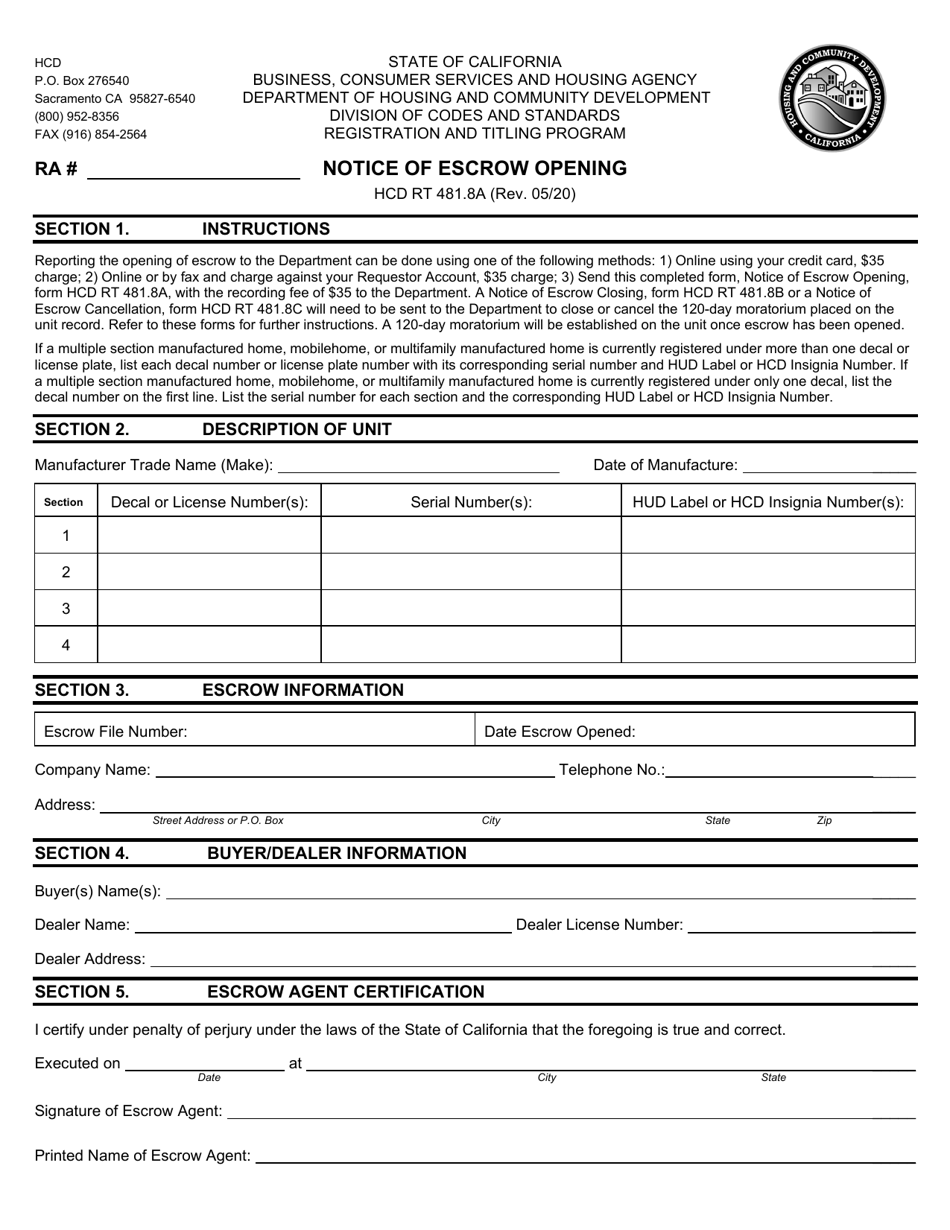 Form HCD RT481.8A Notice of Escrow Opening - California, Page 1