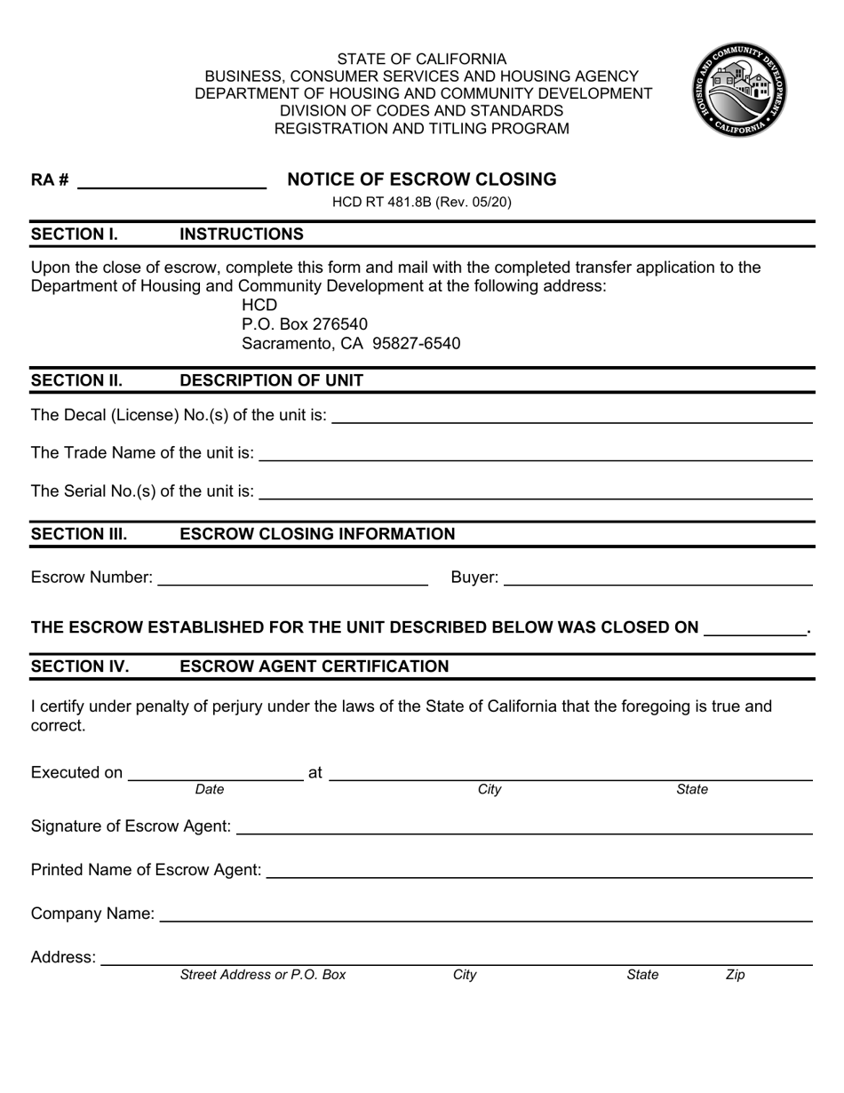 Form HCD RT481.8B Notice of Escrow Closing - California, Page 1