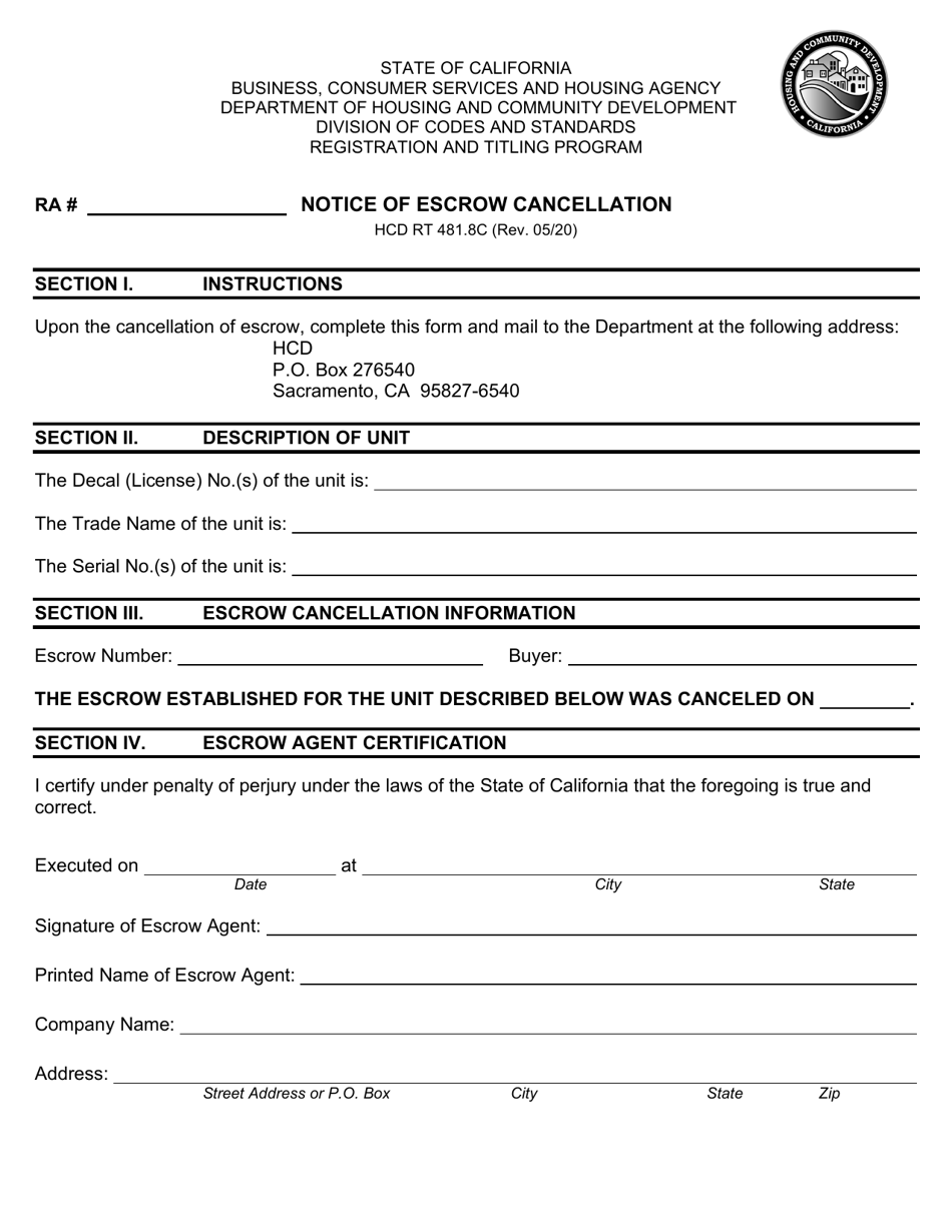 Form HCD RT481.8C Notice of Escrow Cancellation - California, Page 1