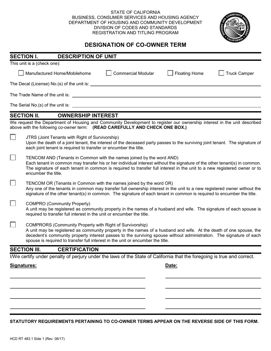 Form HCD RT483.1 Designation of Co-owner Term - California, Page 1