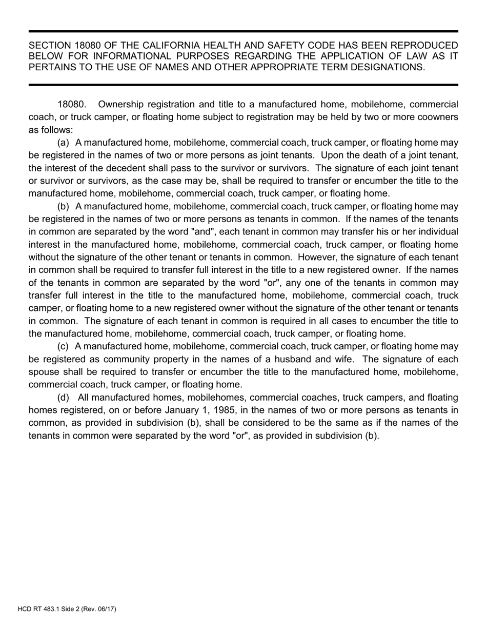 Form HCD RT483.1 Designation of Co-owner Term - California, Page 2