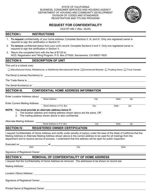 Form HCD RT485.7 Request for Confidentiality - California