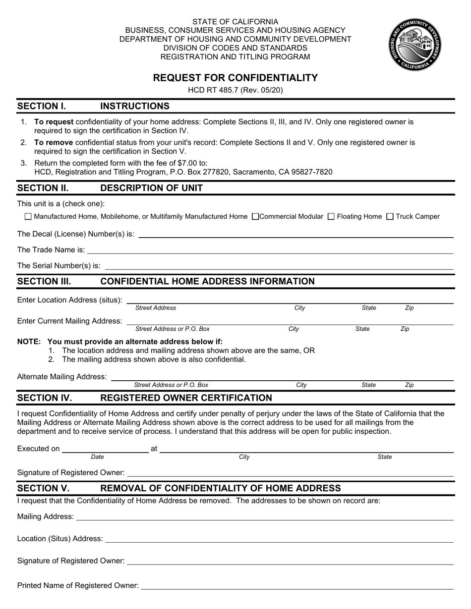 Form HCD RT485.7 Request for Confidentiality - California, Page 1