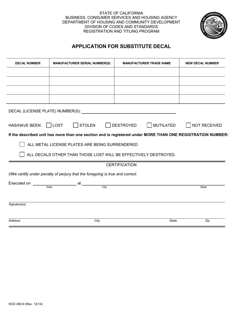 Form HCD490.9 - Fill Out, Sign Online and Download Fillable PDF ...