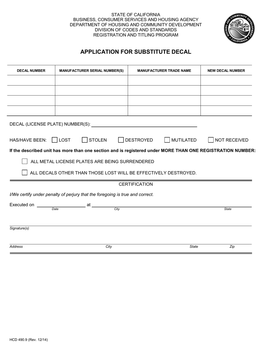 Form HCD490.9 Application for Substitute Decal - California, Page 1