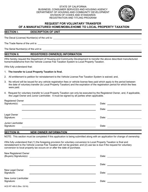 Form HCD RT495.0 Request for Voluntary Transfer of a Manufactured Home/Mobilehome to Local Property Taxation - California