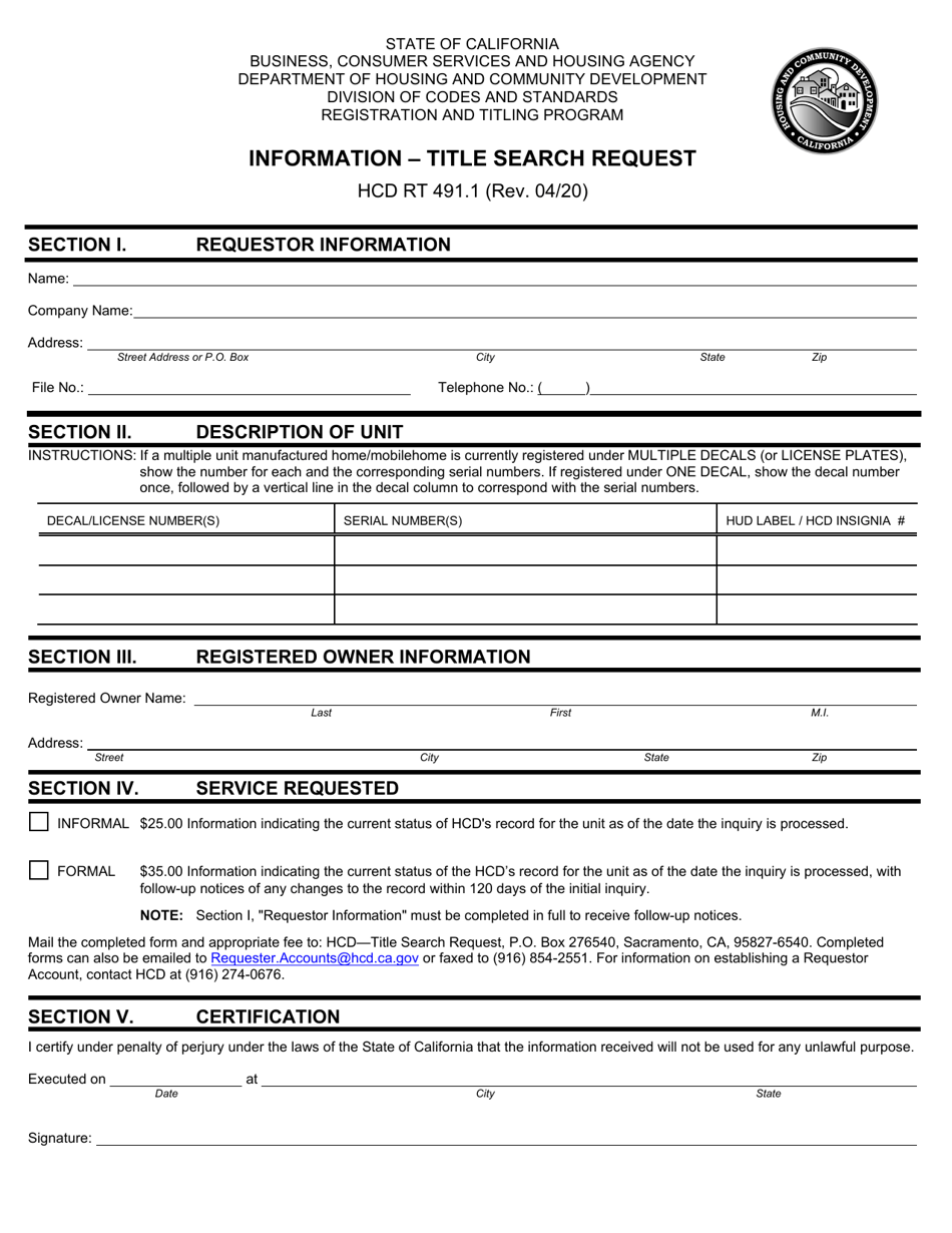 Form HCD RT491.1 Information - Title Search Request - California, Page 1