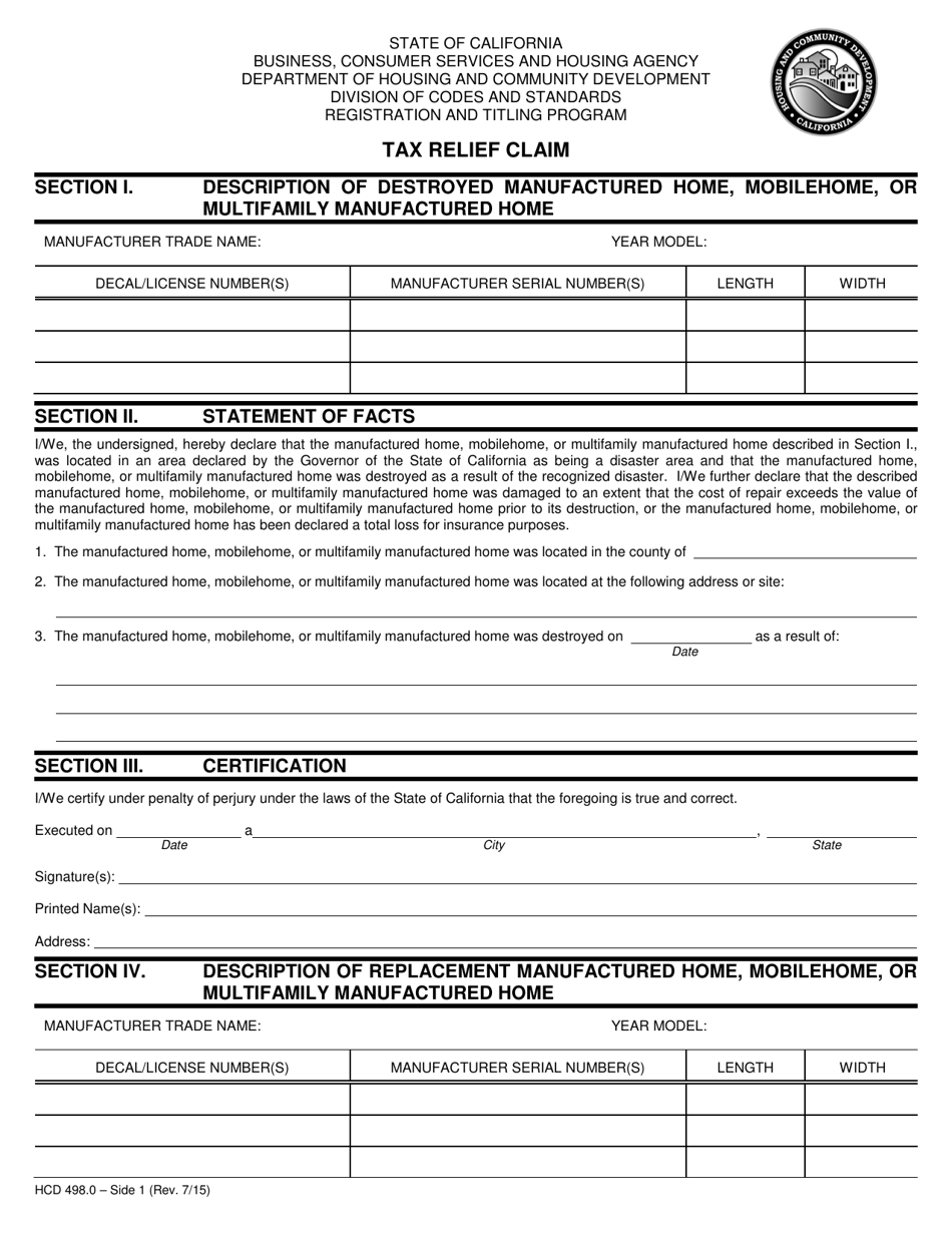 Form HCD498.0 Tax Relief Claim - California, Page 1