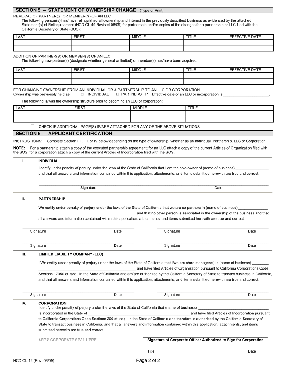 Form HCD OL12 Part A Application for Mh-Unit / Commercial Modular Manufacturers, Distributors and Dealers - California, Page 2