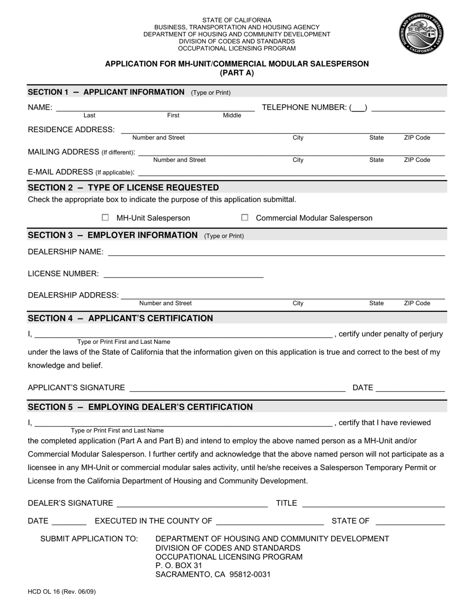 Form HCD OL16 Part A Application for Mh-Unit / Commercial Modular Salesperson - California, Page 1