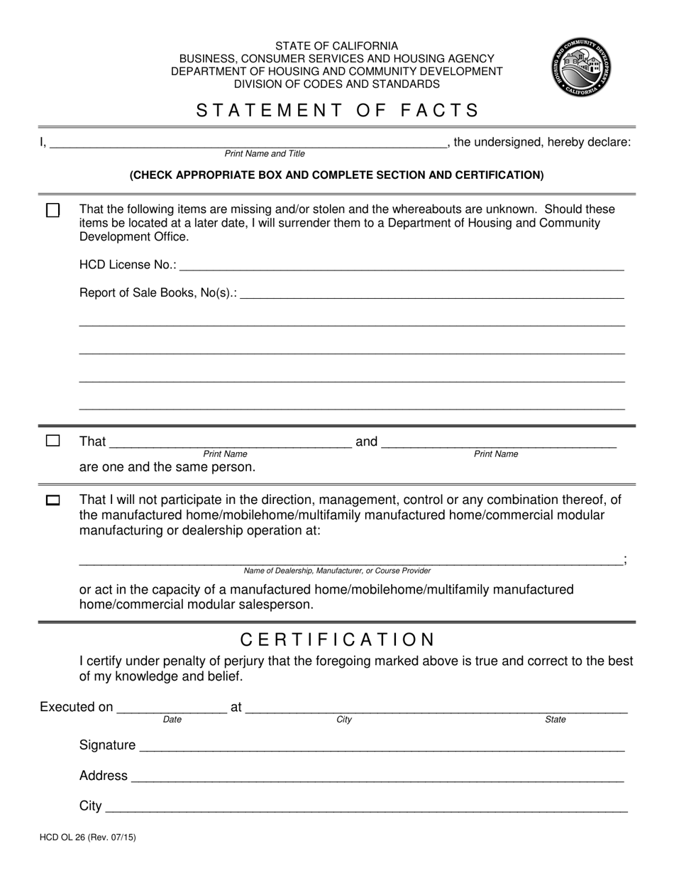 Form HCD OL26 Statement of Facts - California, Page 1
