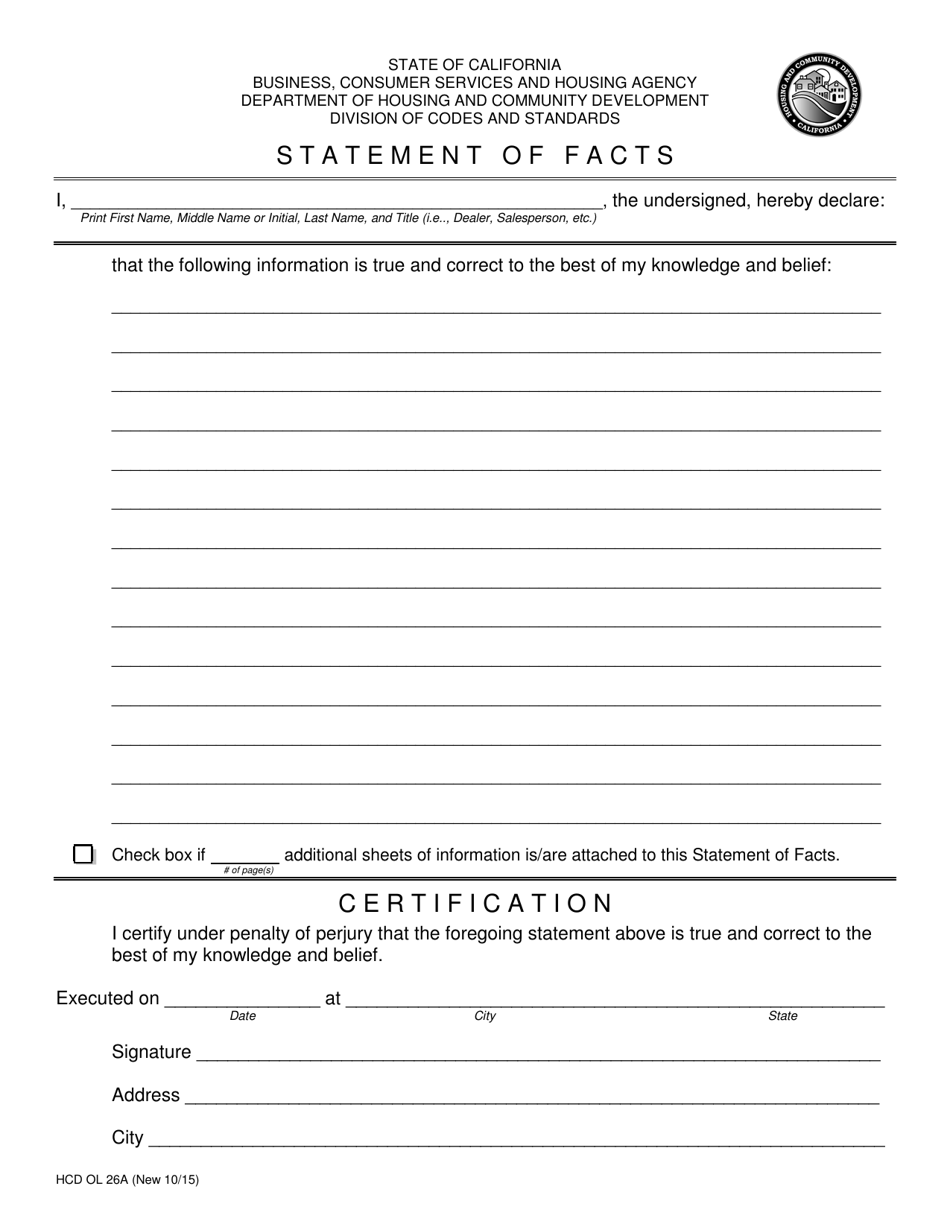 Form HCD OL26A Statement of Facts - General - California, Page 1