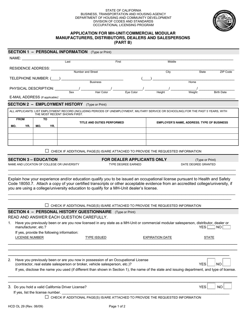 Form HCD OL29 Part B Application for Mh-Unit / Commercial Modular Manufacturers, Distributors, Dealers and Salespersons - California, Page 1