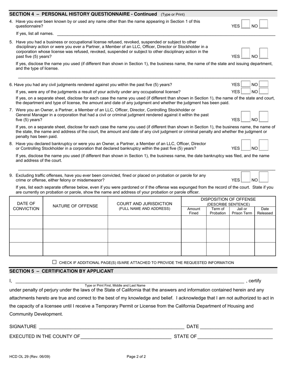 Form HCD OL29 Part B Application for Mh-Unit / Commercial Modular Manufacturers, Distributors, Dealers and Salespersons - California, Page 2