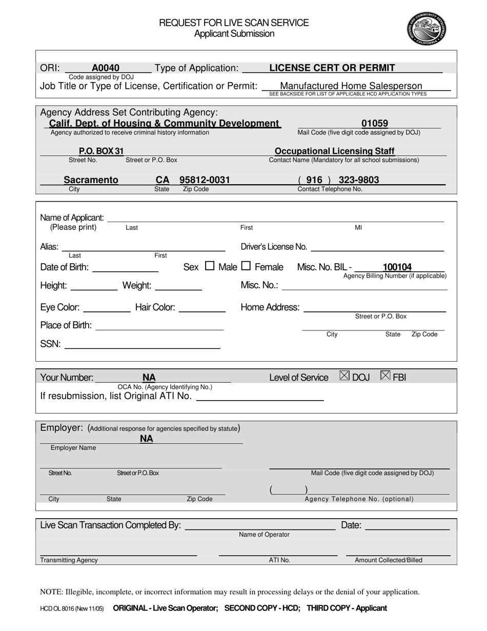 Form HCD OL8016 MH SP Request for Live Scan Service - Manufactured Home Salesperson - California, Page 1