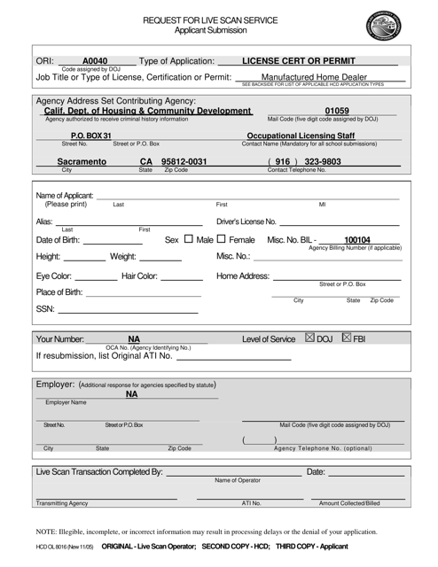 Form HCD OL8016 MH DL Request for Live Scan Service - Manufactured Home Dealer - California
