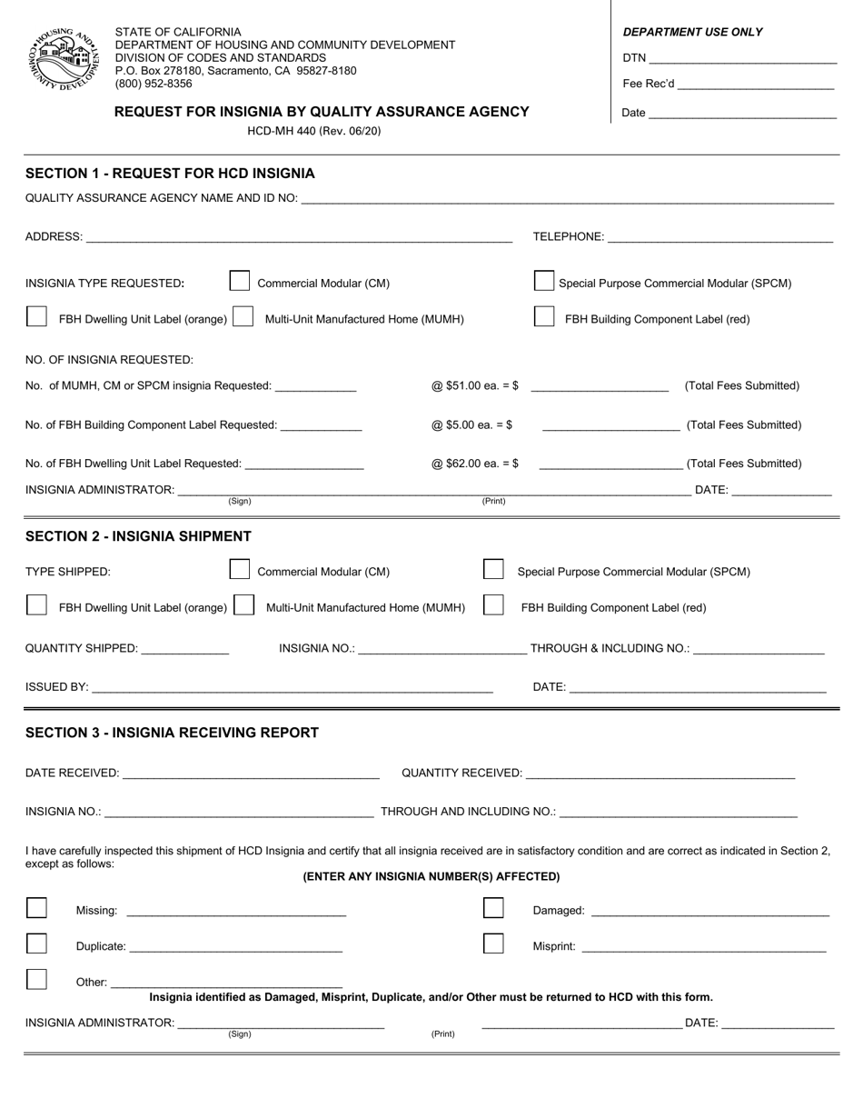 Form HCD MH440 Request for Insignia by Quality Assurance Agency - California, Page 1