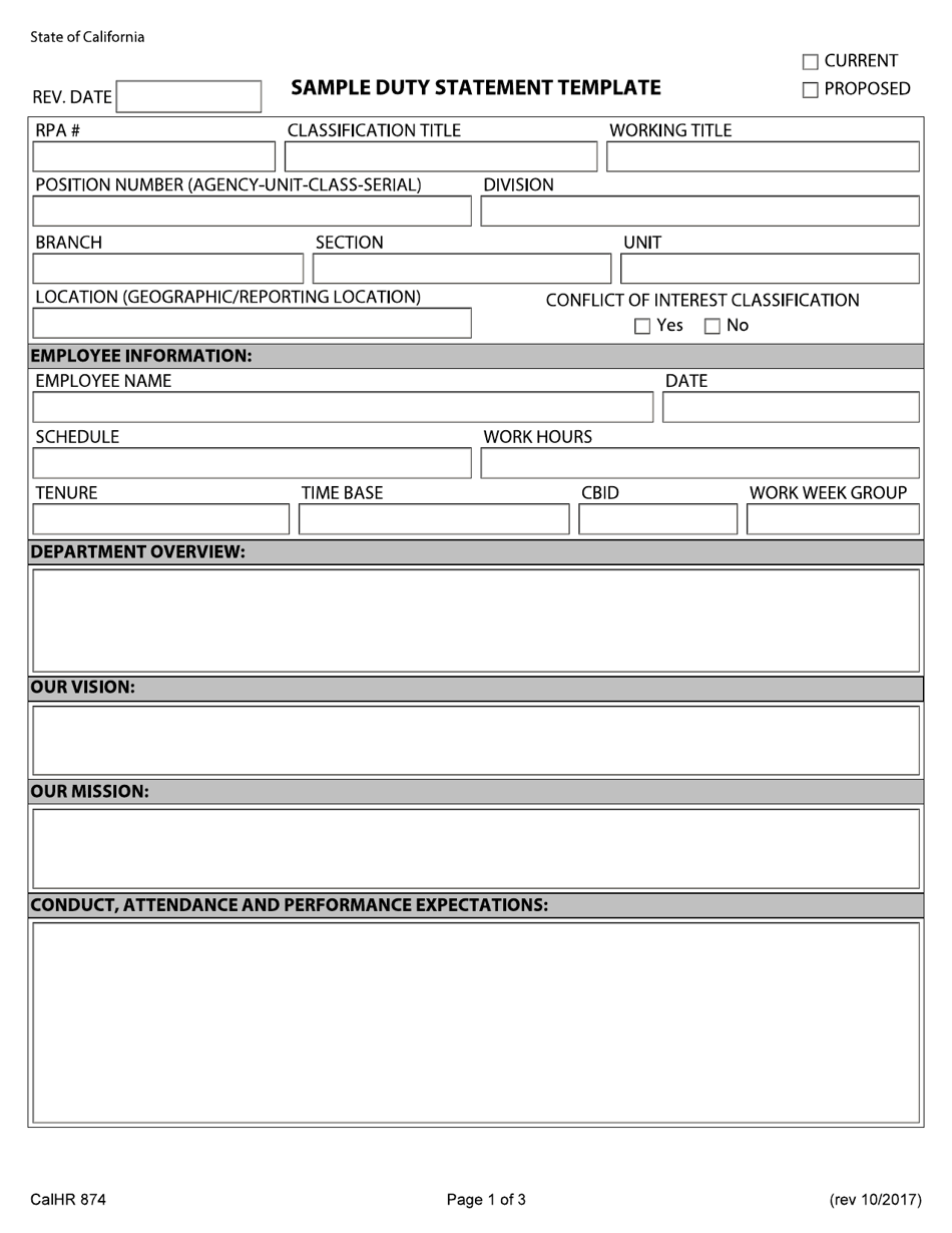 Form CALHR874 Duty Statement Template - California, Page 1
