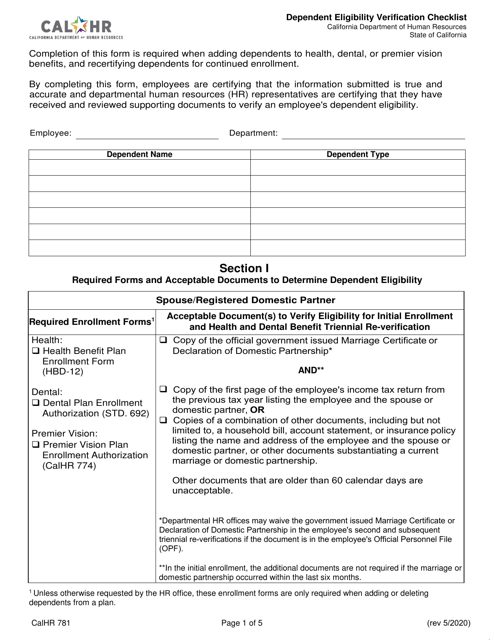 Form CALHR781  Printable Pdf