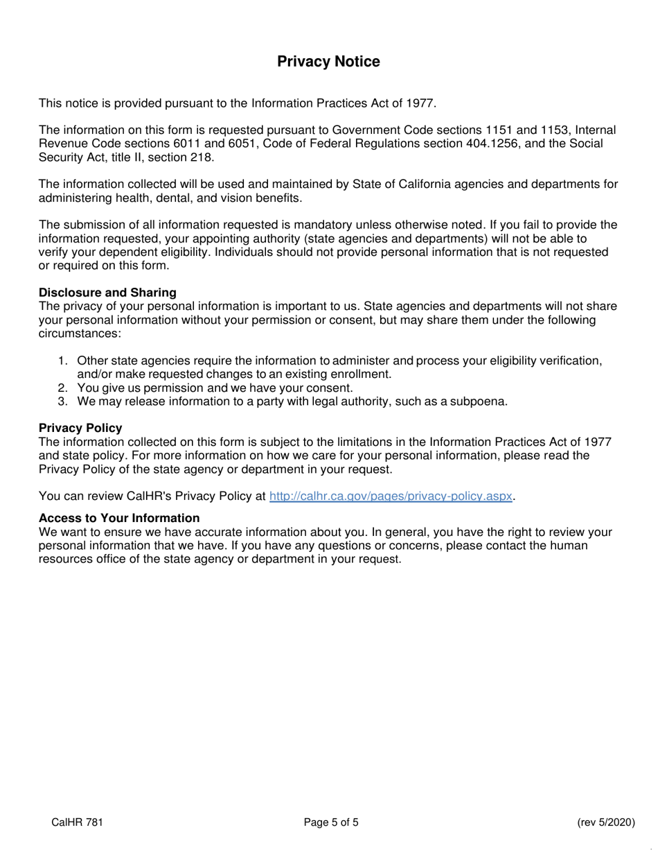 Form CALHR781 Dependent Eligibility Verification Checklist - California, Page 5