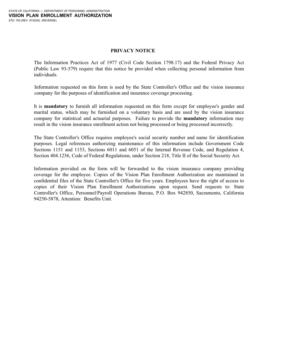 Form STD.700 Vision Plan Enrollment Authorization - California, Page 2