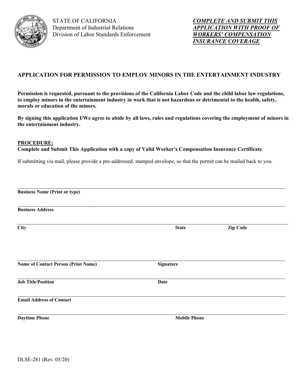 Form DLSE-281 Application for Permission to Employ Minors in the Entertainment Industry - California, Page 1