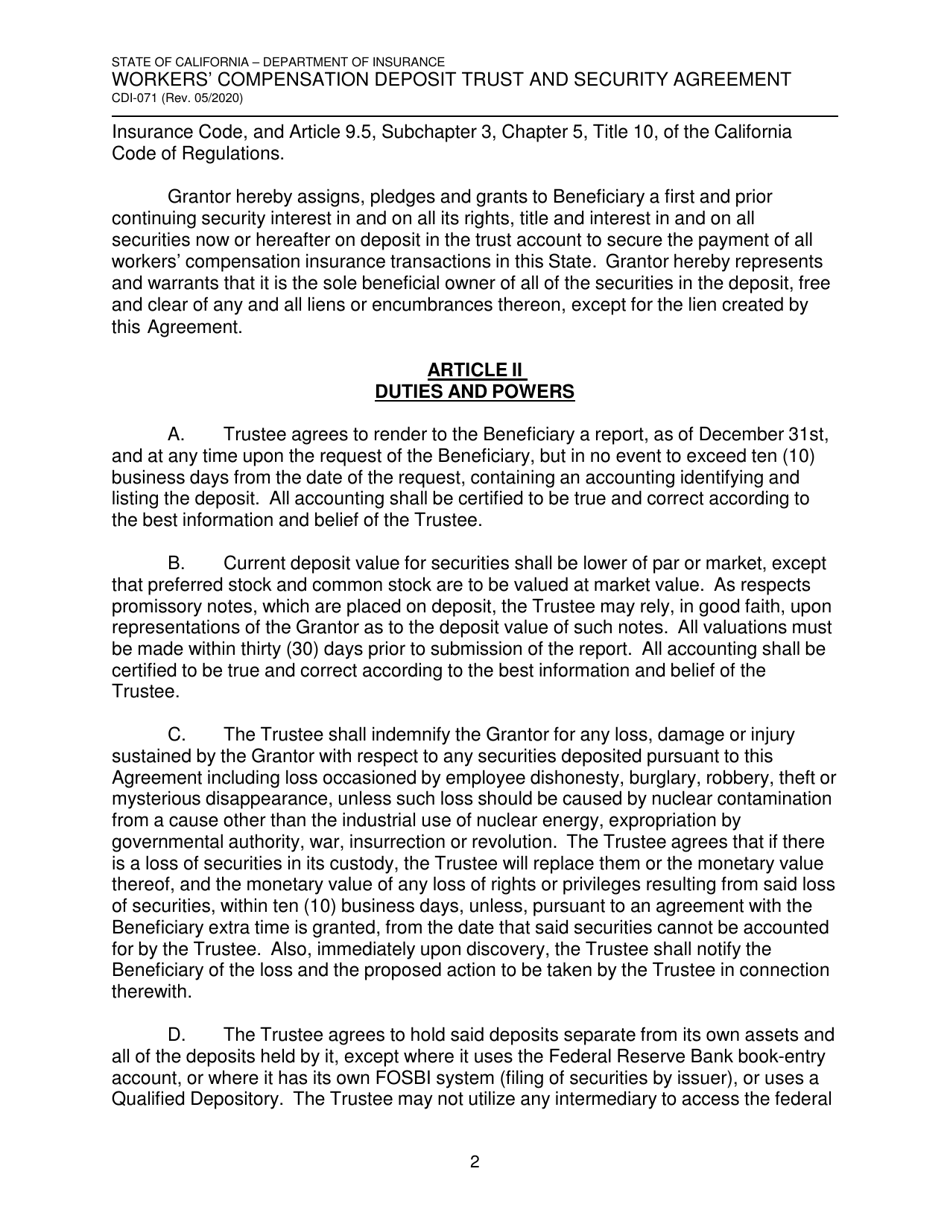Form CDI-071 Workers Compensation Deposit Trust and Security Agreement - California, Page 2